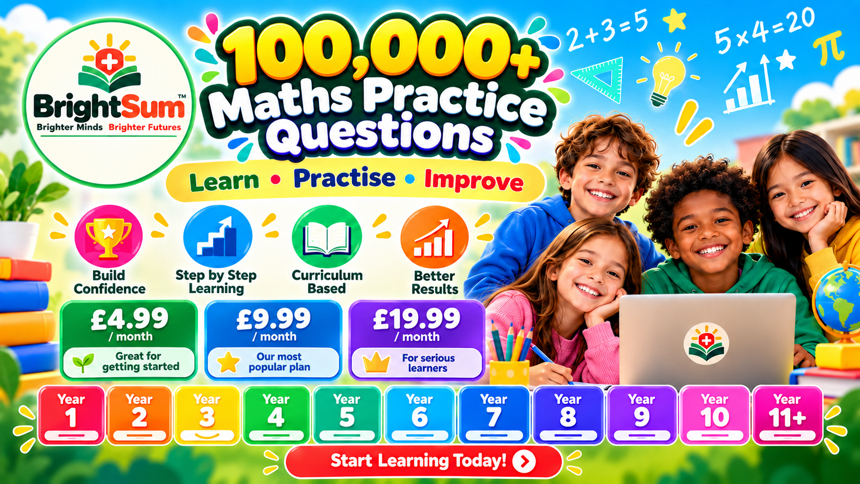 Children smiling and learning together with BrightSum maths practice
